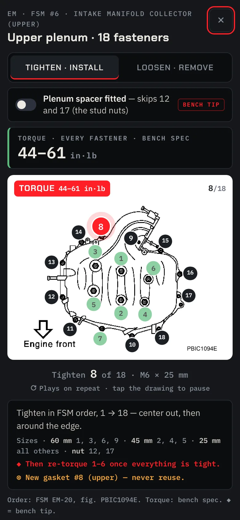 The upper plenum's bolt sequence, on bolt 8 of 18, tightening to 44–61 in·lb.