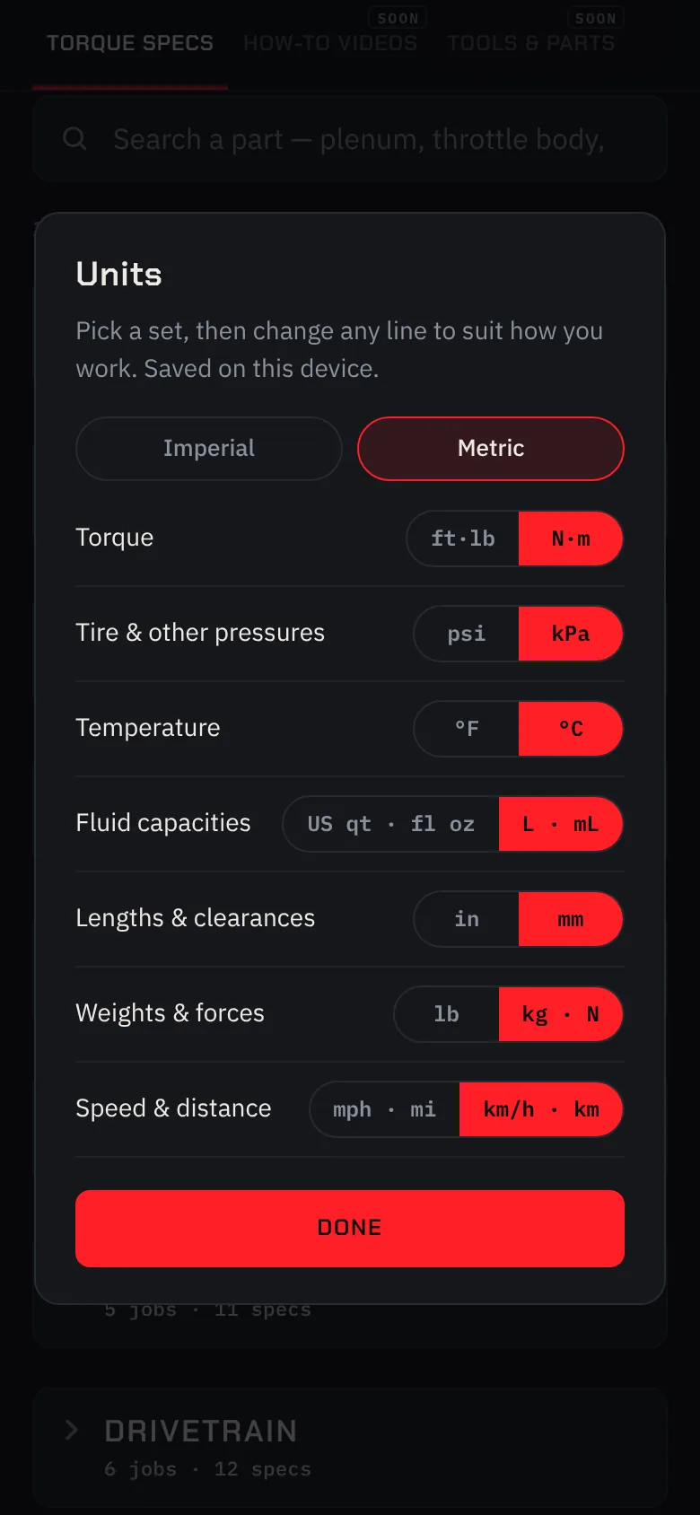 The Units sheet: Imperial or Metric to start from, Metric picked, then a switch for each line: torque, pressures, temperature, fluids, lengths, weights, speed.